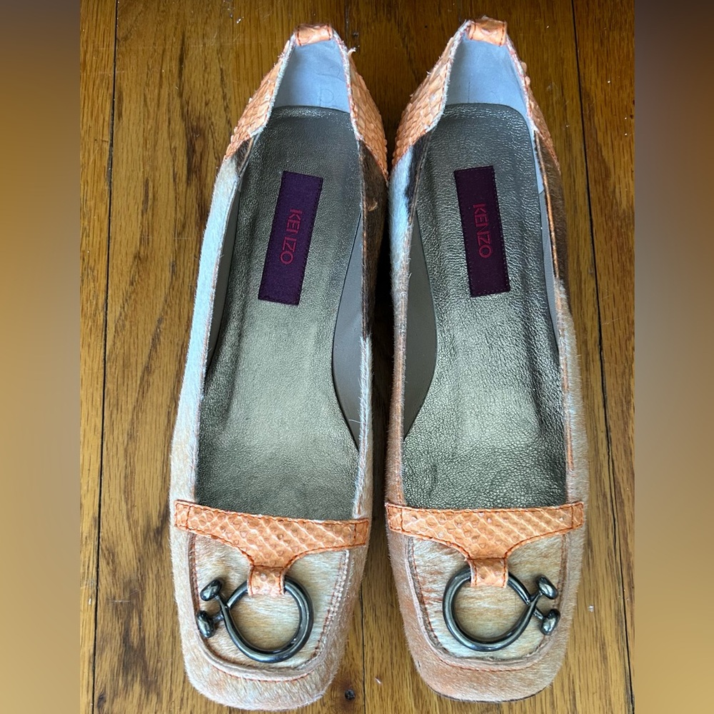 Vintage Kenzo Loafer Flats SZ 39, 9 Ponyhair / Faux Snakeskin, Brown / Orange,